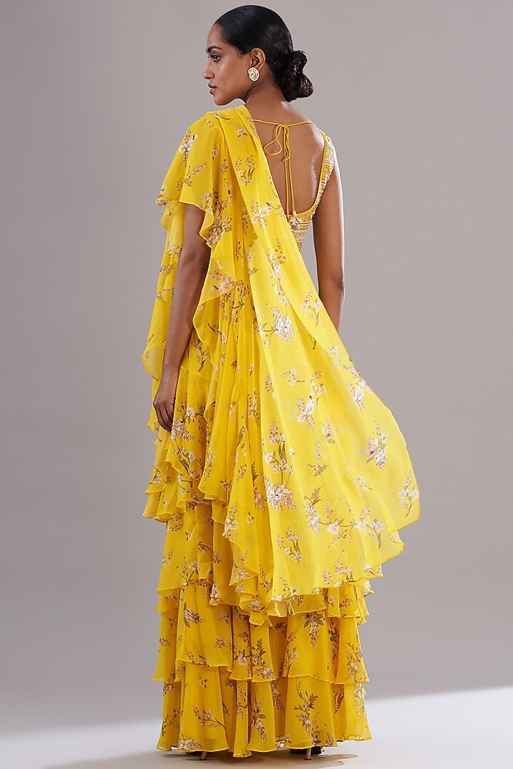 Yellow Georgette Magnolia Printed Wedding Saree Set by Sana Barreja at Pernia's Pop Up Shop