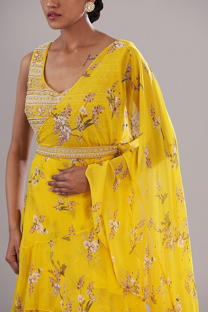 Yellow Georgette Magnolia Printed Wedding Saree Set by Sana Barreja at Pernia's Pop Up Shop