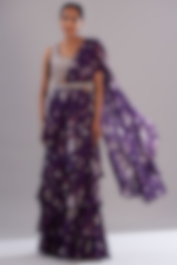 Purple Georgette Magnolia Printed Wedding Saree Set by Sana Barreja at Pernia's Pop Up Shop