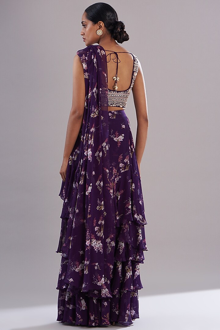 Purple Georgette Magnolia Printed Wedding Saree Set by Sana Barreja at Pernia's Pop Up Shop