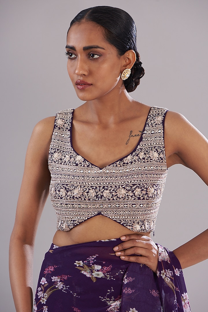 Purple Georgette Magnolia Printed Wedding Saree Set by Sana Barreja at Pernia's Pop Up Shop