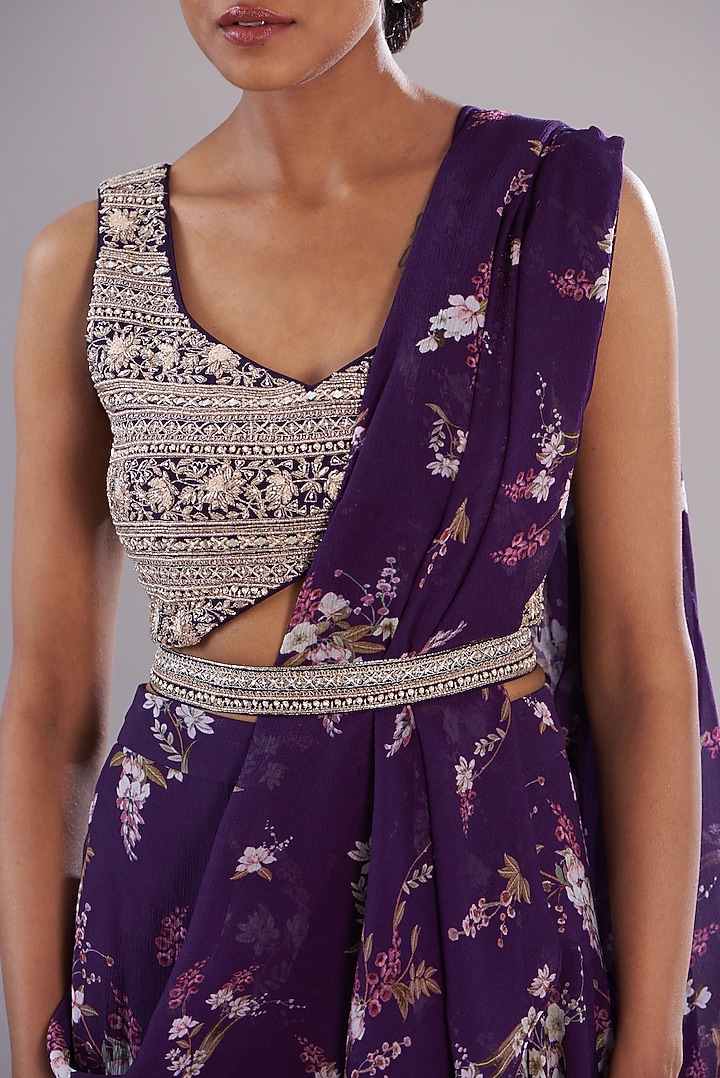 Purple Georgette Magnolia Printed Wedding Saree Set by Sana Barreja at Pernia's Pop Up Shop