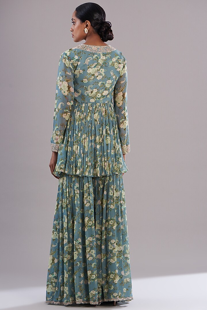 Ice Blue Georgette Paisley Printed Gharara Set by Sana Barreja at Pernia's Pop Up Shop