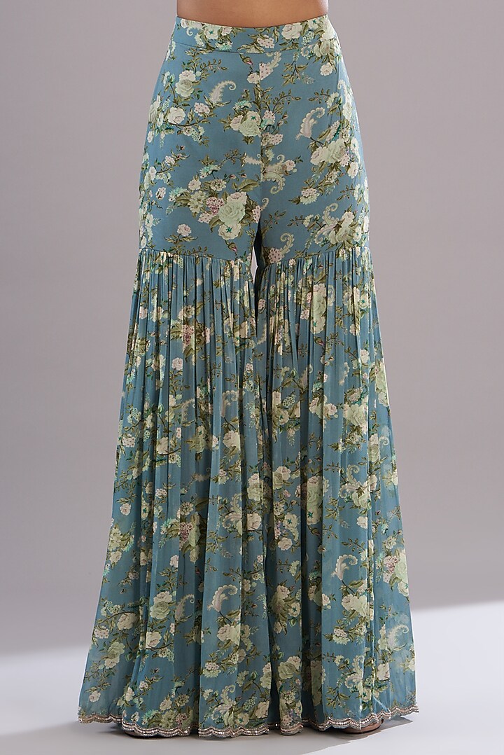 Ice Blue Georgette Paisley Printed Gharara Set by Sana Barreja at Pernia's Pop Up Shop