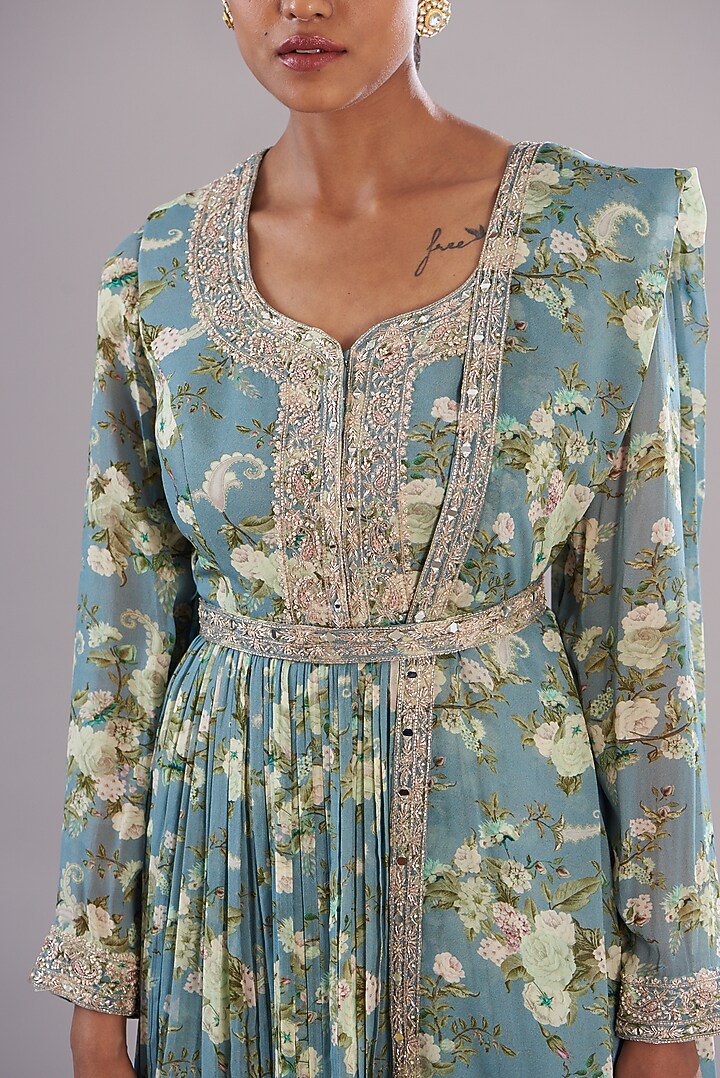 Ice Blue Georgette Paisley Printed Gharara Set by Sana Barreja at Pernia's Pop Up Shop