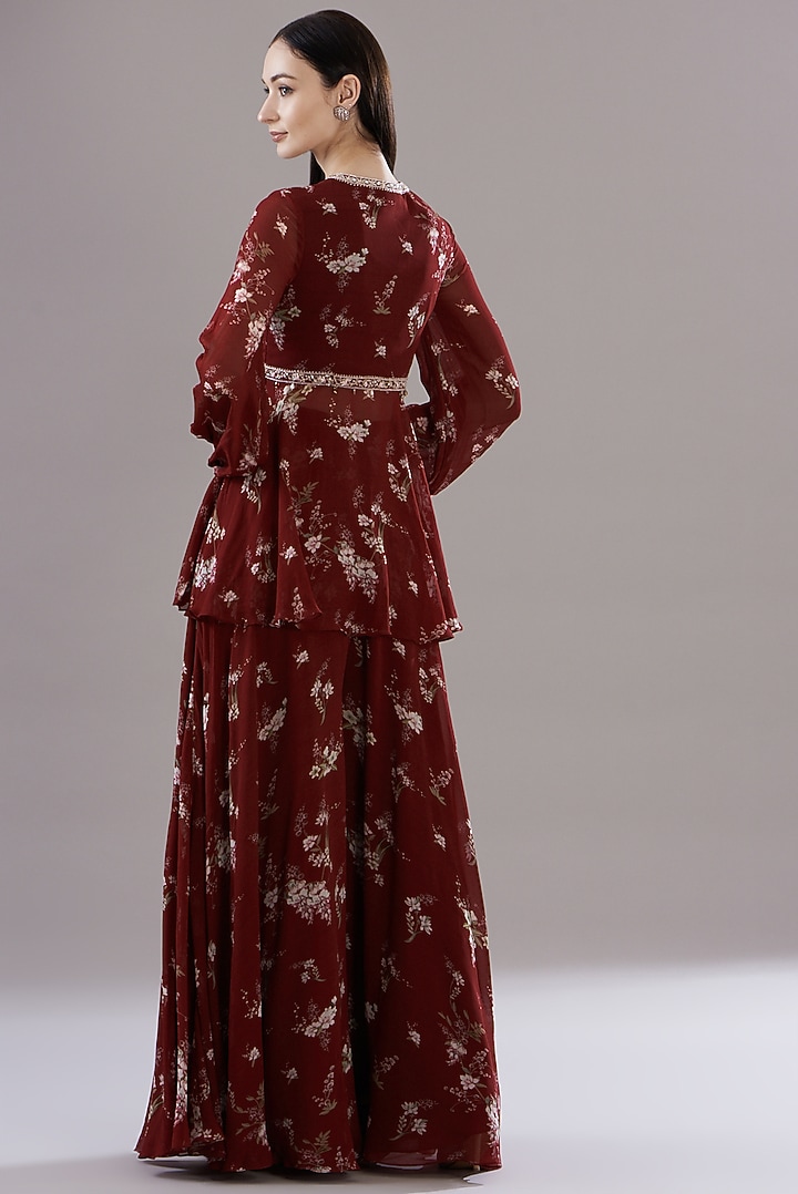 Maroon Georgette Printed & Embroidered Co-Ord Set by Sana Barreja at Pernia's Pop Up Shop
