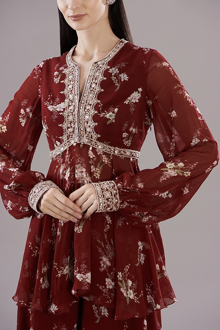 Maroon Georgette Printed & Embroidered Co-Ord Set by Sana Barreja at Pernia's Pop Up Shop