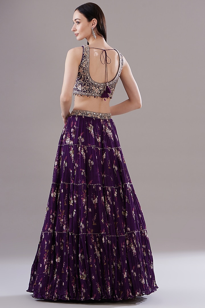 Purple Georgette Printed Wedding Lehenga Set by Sana Barreja at Pernia's Pop Up Shop