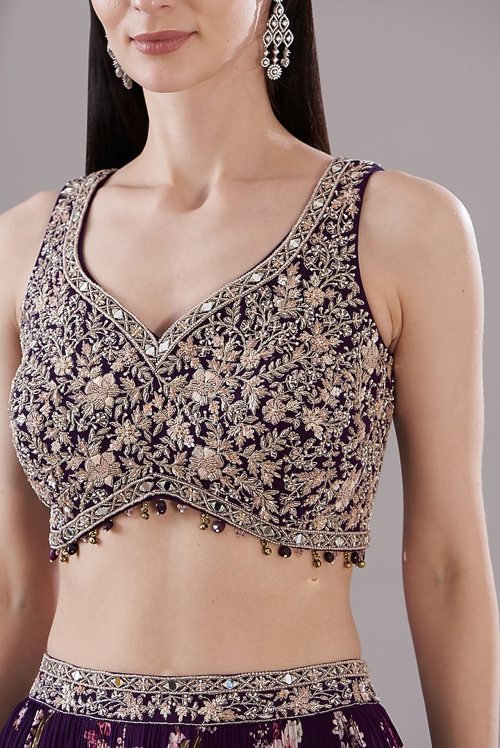 Purple Georgette Printed Wedding Lehenga Set by Sana Barreja at Pernia's Pop Up Shop