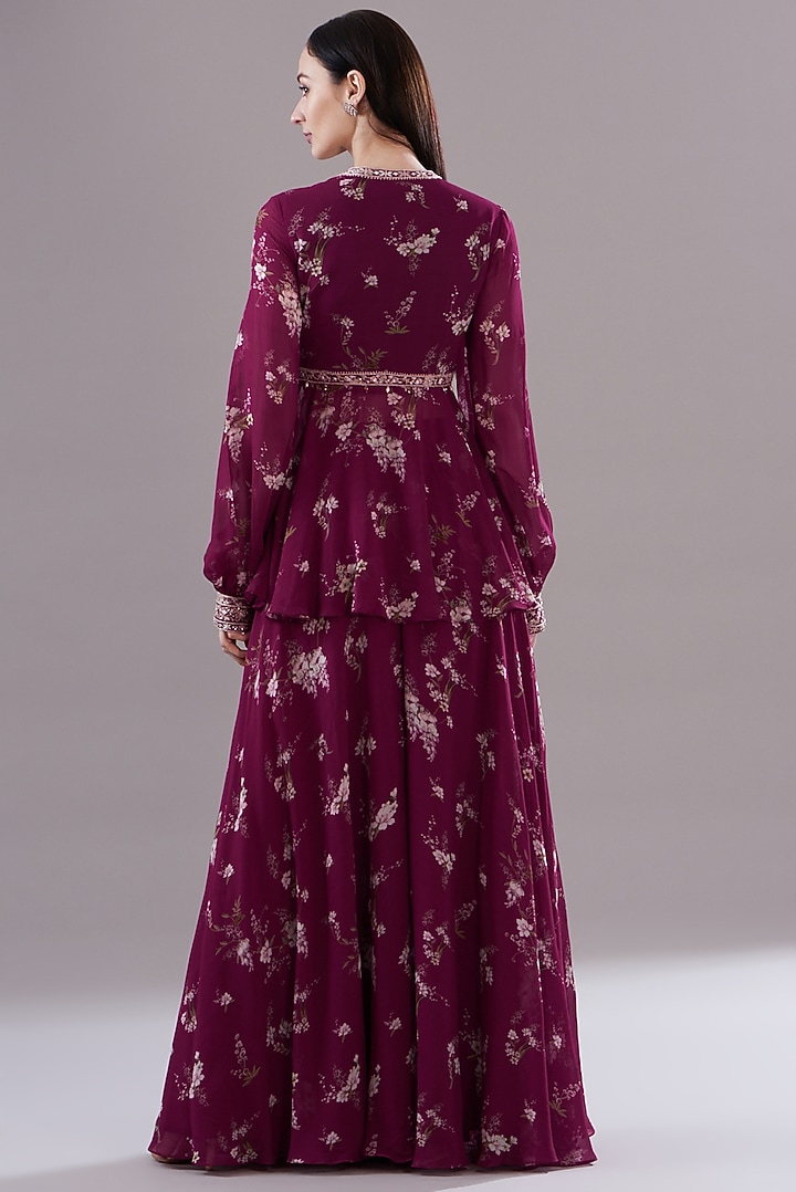 Fuchsia Georgette Printed Party Wear Sharara Set by Sana Barreja at Pernia's Pop Up Shop