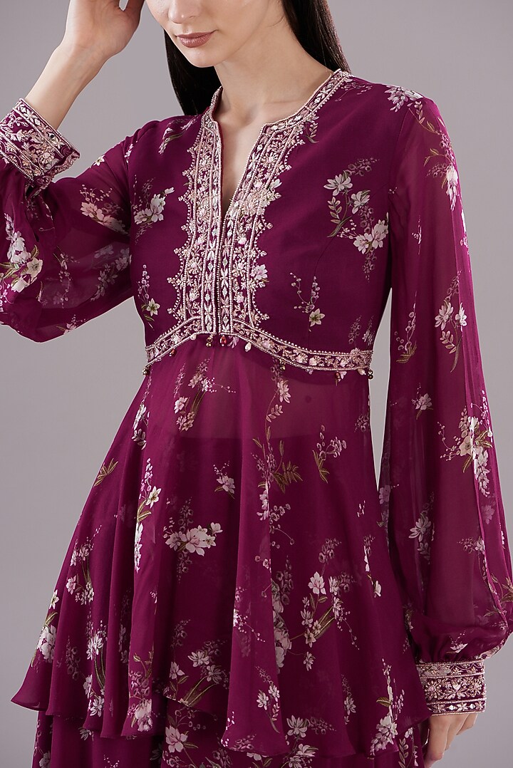 Fuchsia Georgette Printed Party Wear Sharara Set by Sana Barreja at Pernia's Pop Up Shop