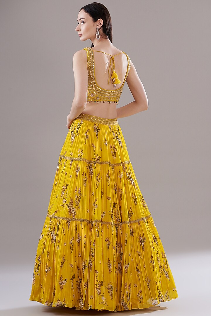 Yellow Georgette Printed Tiered Wedding Lehenga Set by Sana Barreja at Pernia's Pop Up Shop
