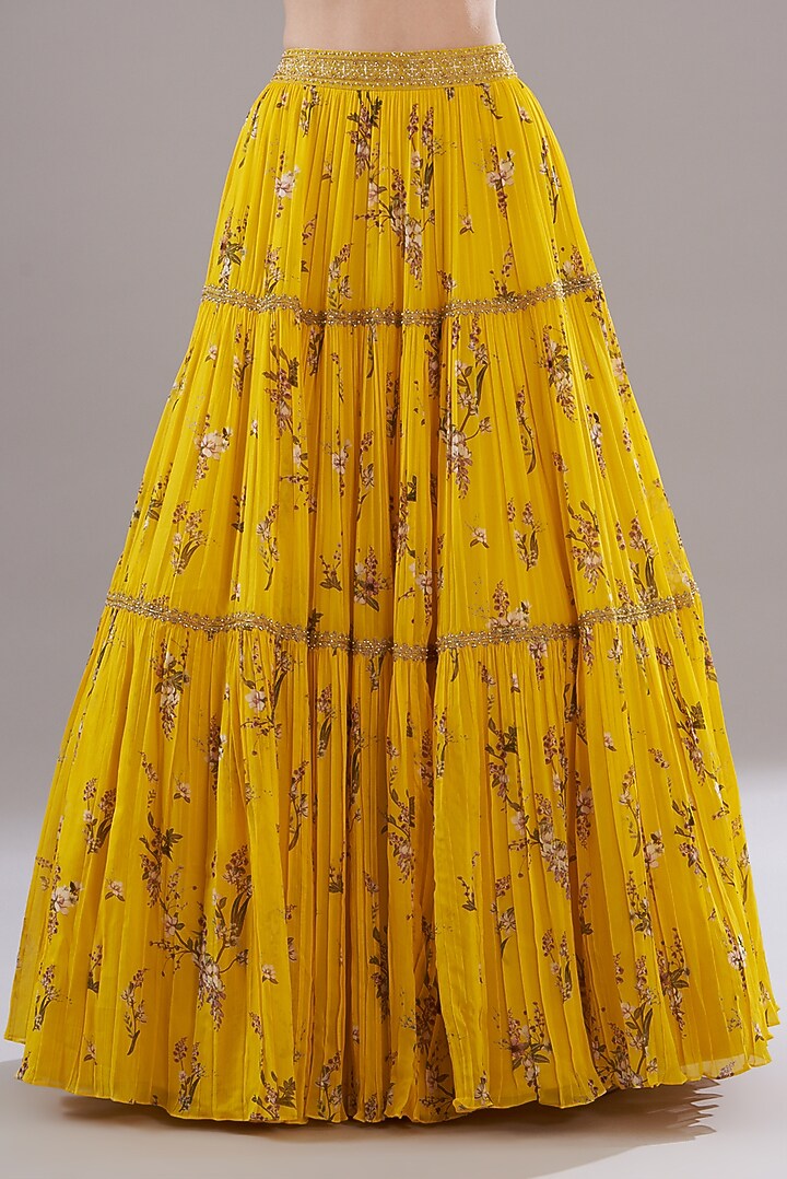 Yellow Georgette Printed Tiered Wedding Lehenga Set by Sana Barreja at Pernia's Pop Up Shop