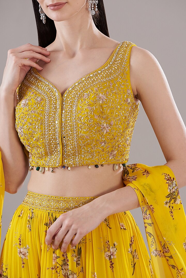 Yellow Georgette Printed Tiered Wedding Lehenga Set by Sana Barreja at Pernia's Pop Up Shop