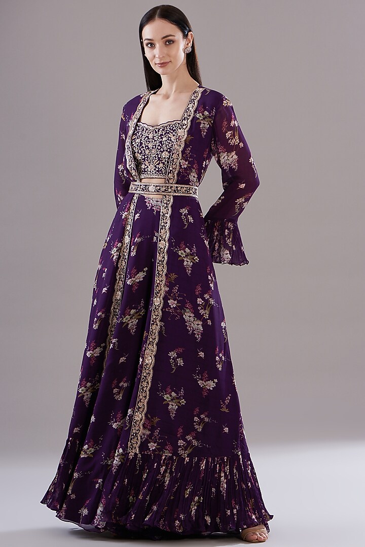 Purple Georgette Printed Jacket Set by Sana Barreja at Pernia's Pop Up Shop