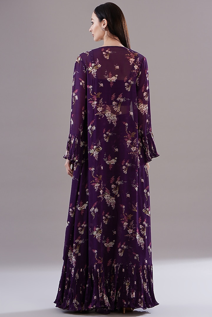 Purple Georgette Printed Jacket Set by Sana Barreja at Pernia's Pop Up Shop