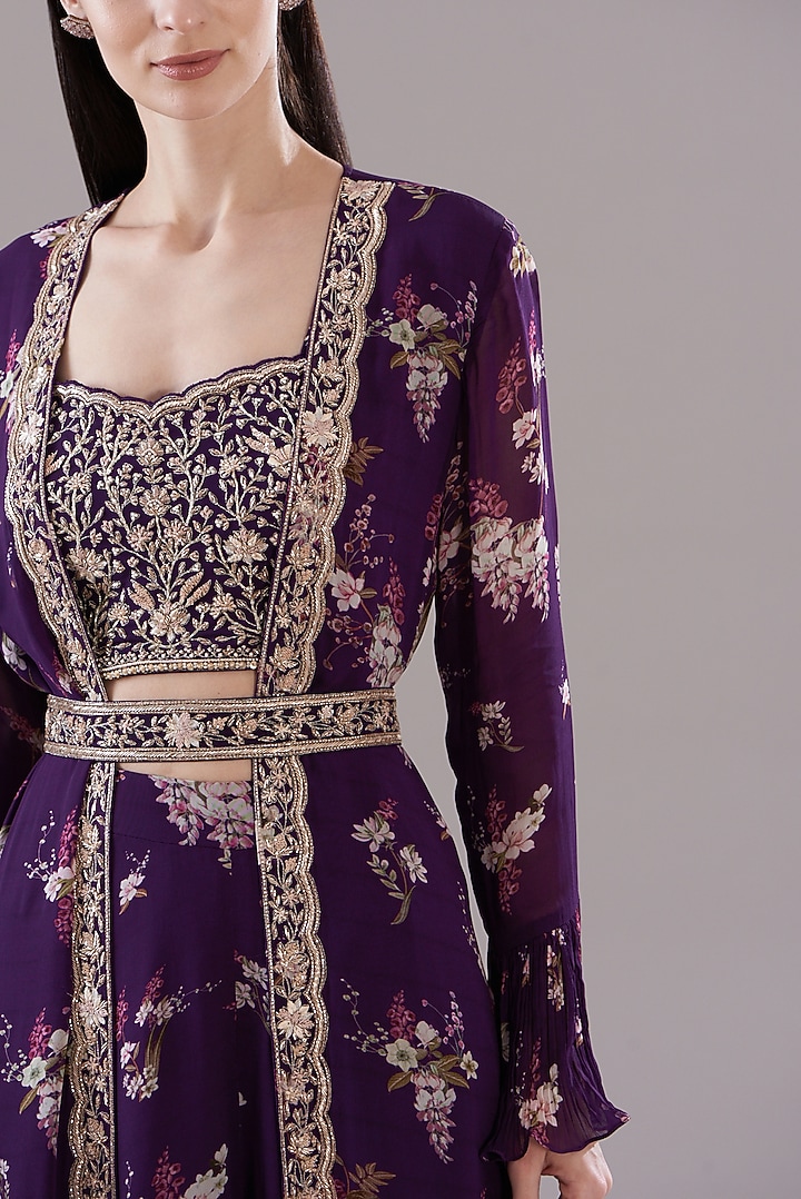 Purple Georgette Printed Jacket Set by Sana Barreja at Pernia's Pop Up Shop