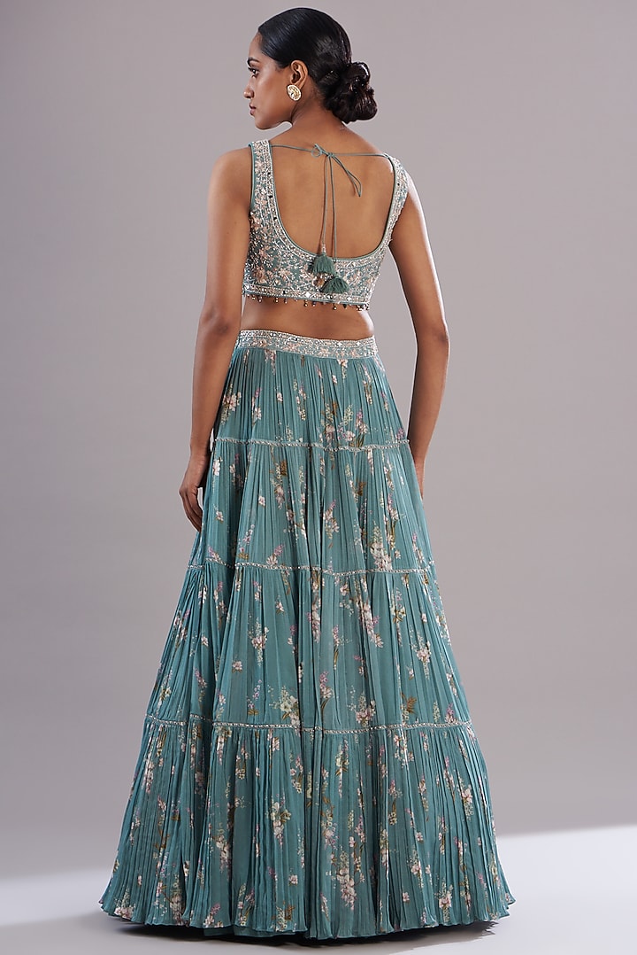 Ice Blue Georgette Printed Wedding Lehenga Set by Sana Barreja at Pernia's Pop Up Shop