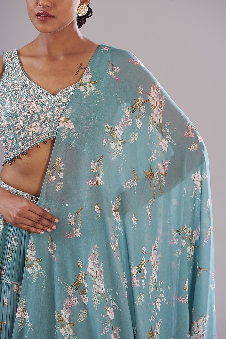 Ice Blue Georgette Printed Wedding Lehenga Set by Sana Barreja at Pernia's Pop Up Shop