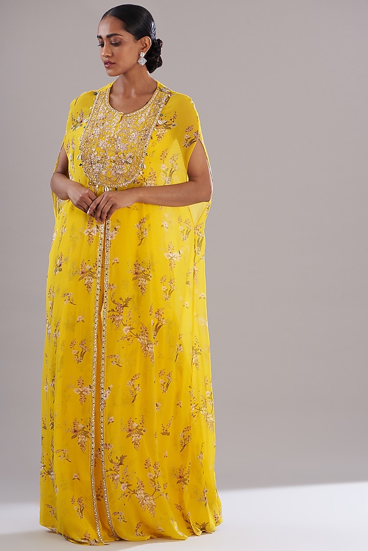 Yellow Chiffon Printed & Embroidered Kaftan Set by Sana Barreja at Pernia's Pop Up Shop