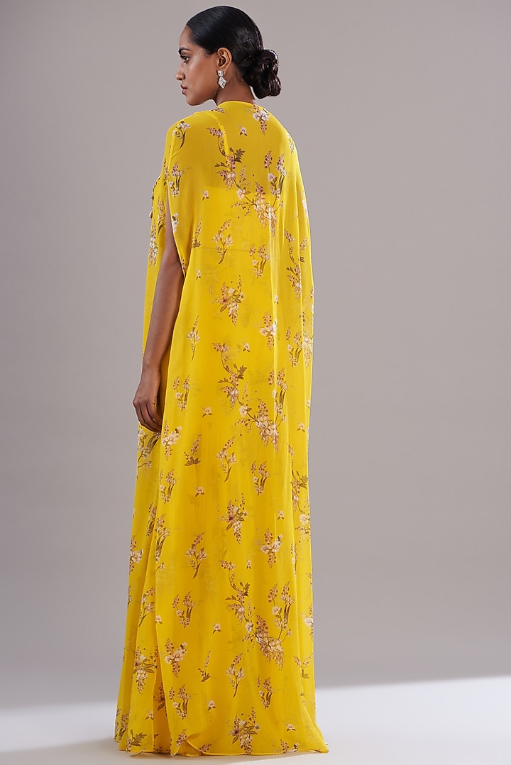 Yellow Chiffon Printed & Embroidered Kaftan Set by Sana Barreja at Pernia's Pop Up Shop