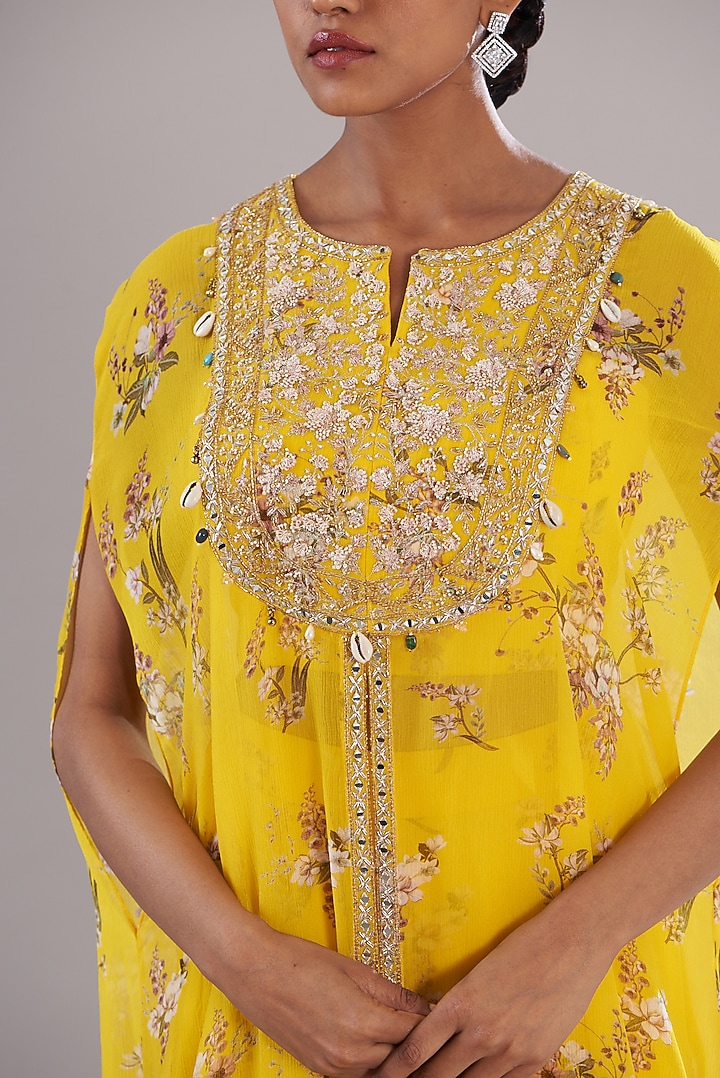 Yellow Chiffon Printed & Embroidered Kaftan Set by Sana Barreja at Pernia's Pop Up Shop