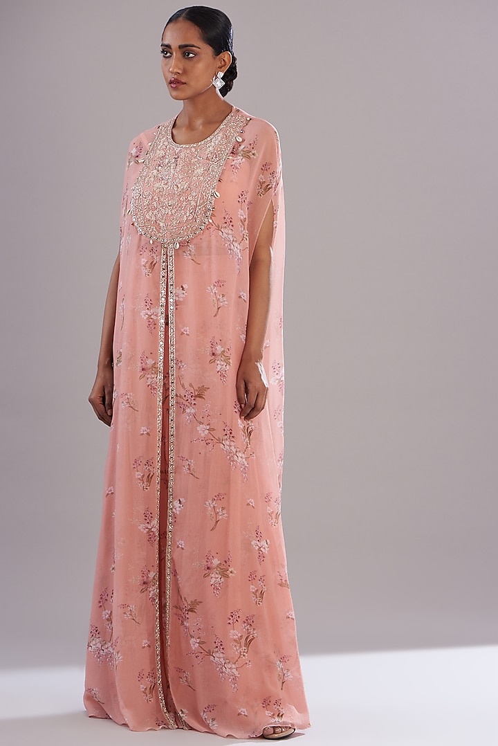 Peach Chiffon Printed & Embroidered Kaftan Set by Sana Barreja at Pernia's Pop Up Shop