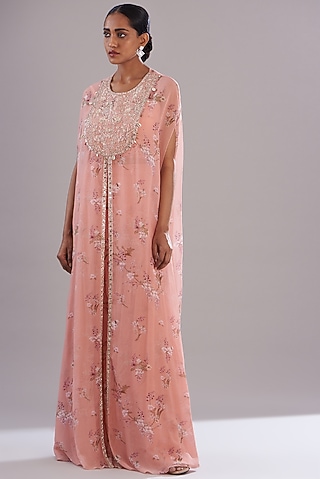 Peach Chiffon Printed & Embroidered Kaftan Set by Sana Barreja