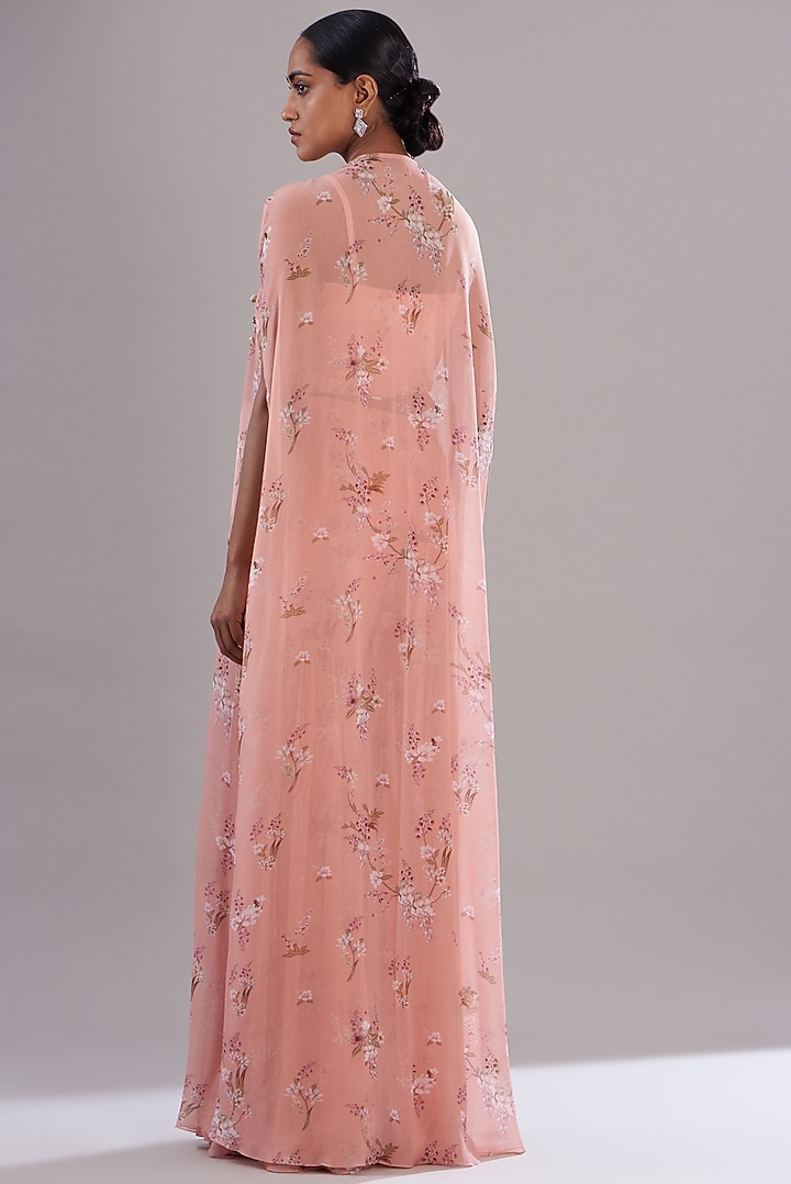 Peach Chiffon Printed & Embroidered Kaftan Set by Sana Barreja at Pernia's Pop Up Shop