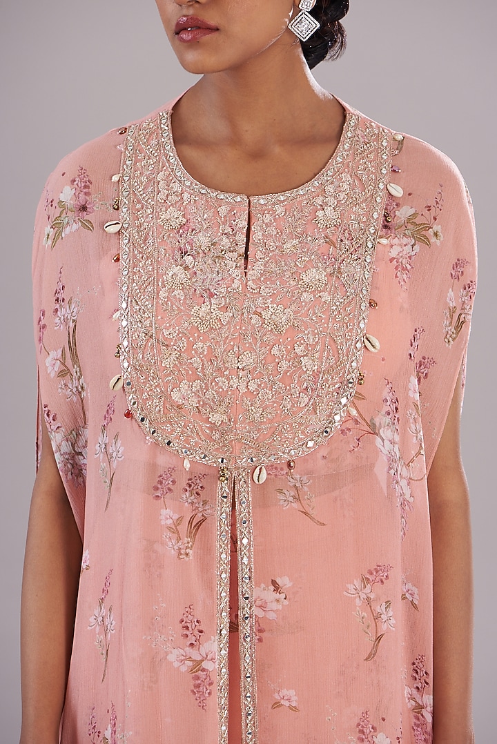 Peach Chiffon Printed & Embroidered Kaftan Set by Sana Barreja at Pernia's Pop Up Shop