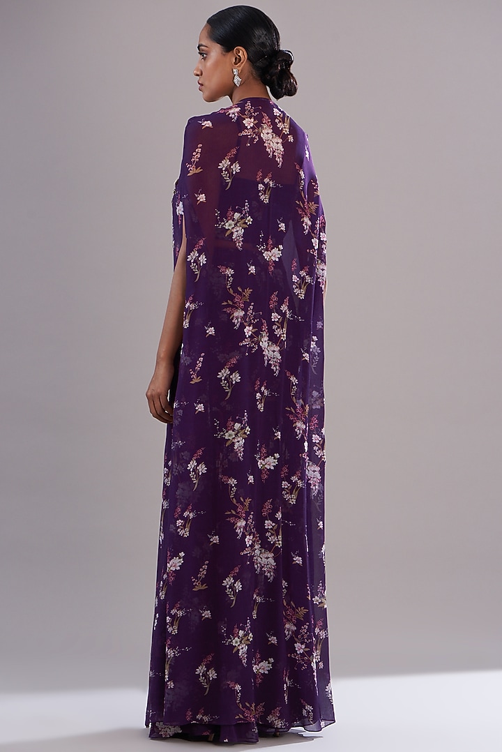 Purple Chiffon Printed & Embroidered Kaftan Set by Sana Barreja at Pernia's Pop Up Shop