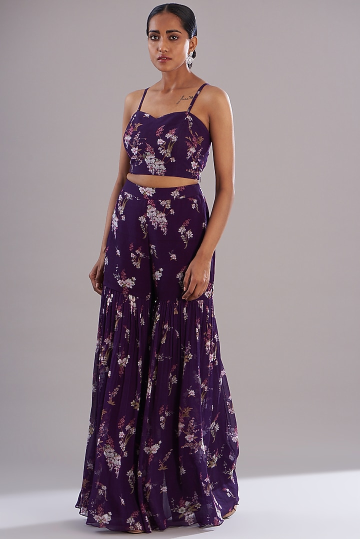 Purple Chiffon Printed & Embroidered Kaftan Set by Sana Barreja at Pernia's Pop Up Shop
