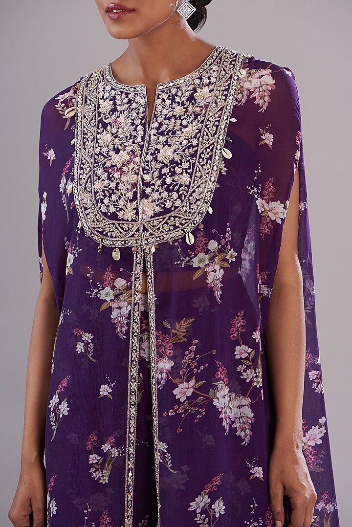 Purple Chiffon Printed & Embroidered Kaftan Set by Sana Barreja at Pernia's Pop Up Shop