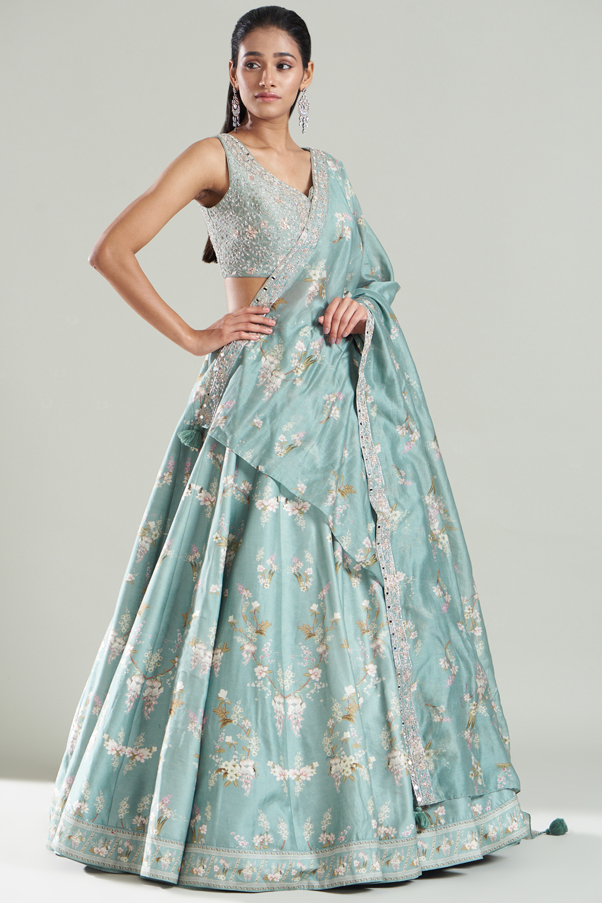 Ice Blue Chanderi Silk Printed Lehenga Set by Sana Barreja