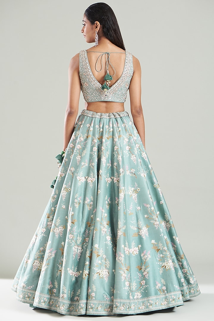 Ice Blue Chanderi Silk Printed Wedding Lehenga Set by Sana Barreja at Pernia's Pop Up Shop