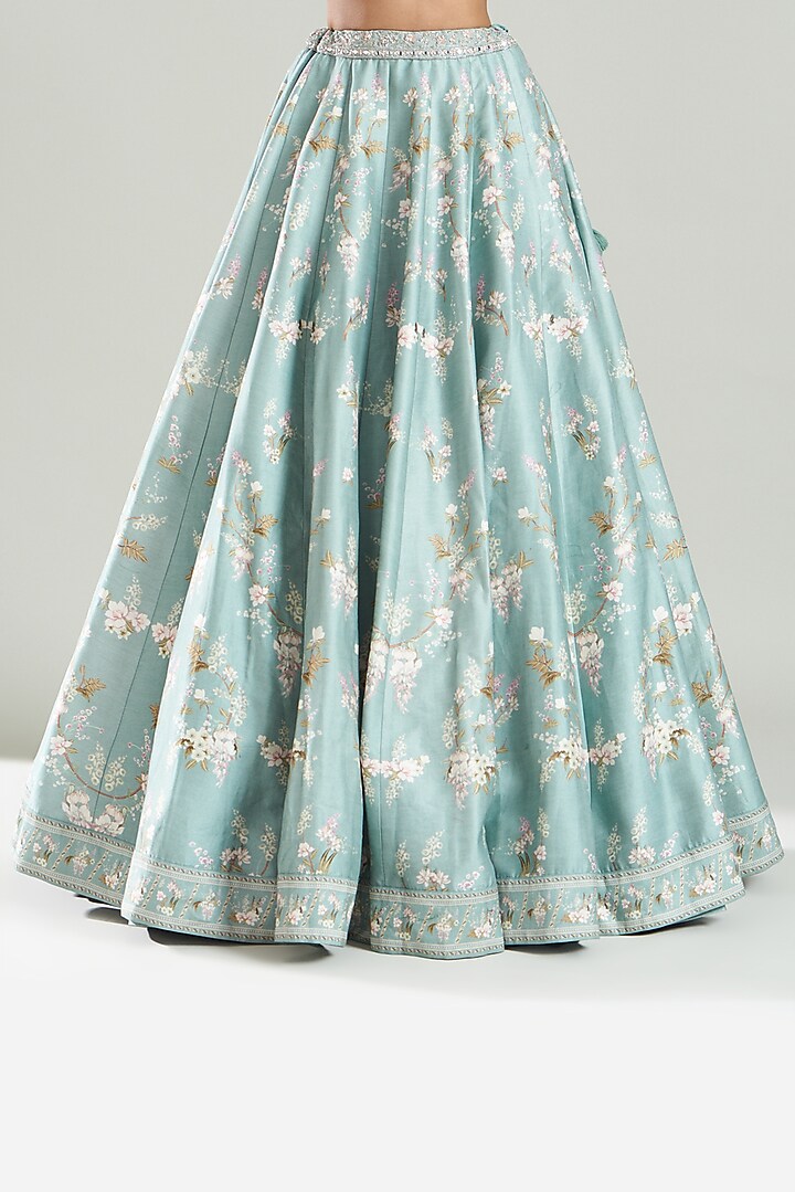 Ice Blue Chanderi Silk Printed Wedding Lehenga Set by Sana Barreja at Pernia's Pop Up Shop