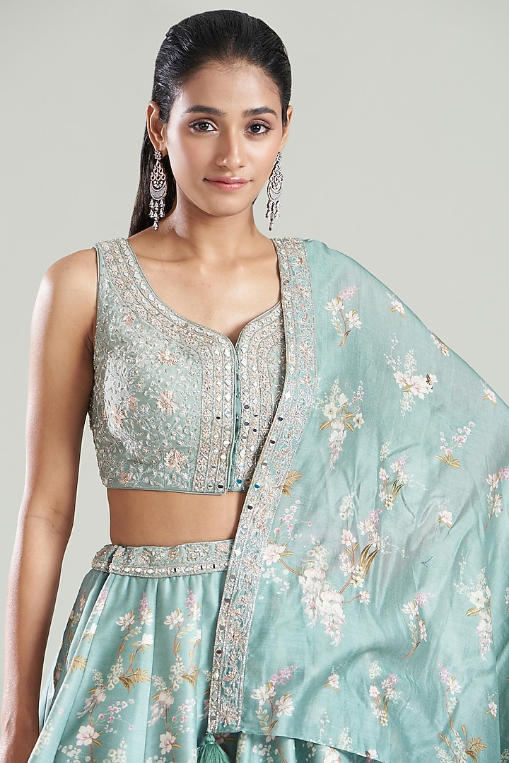 Ice Blue Chanderi Silk Printed Wedding Lehenga Set by Sana Barreja at Pernia's Pop Up Shop