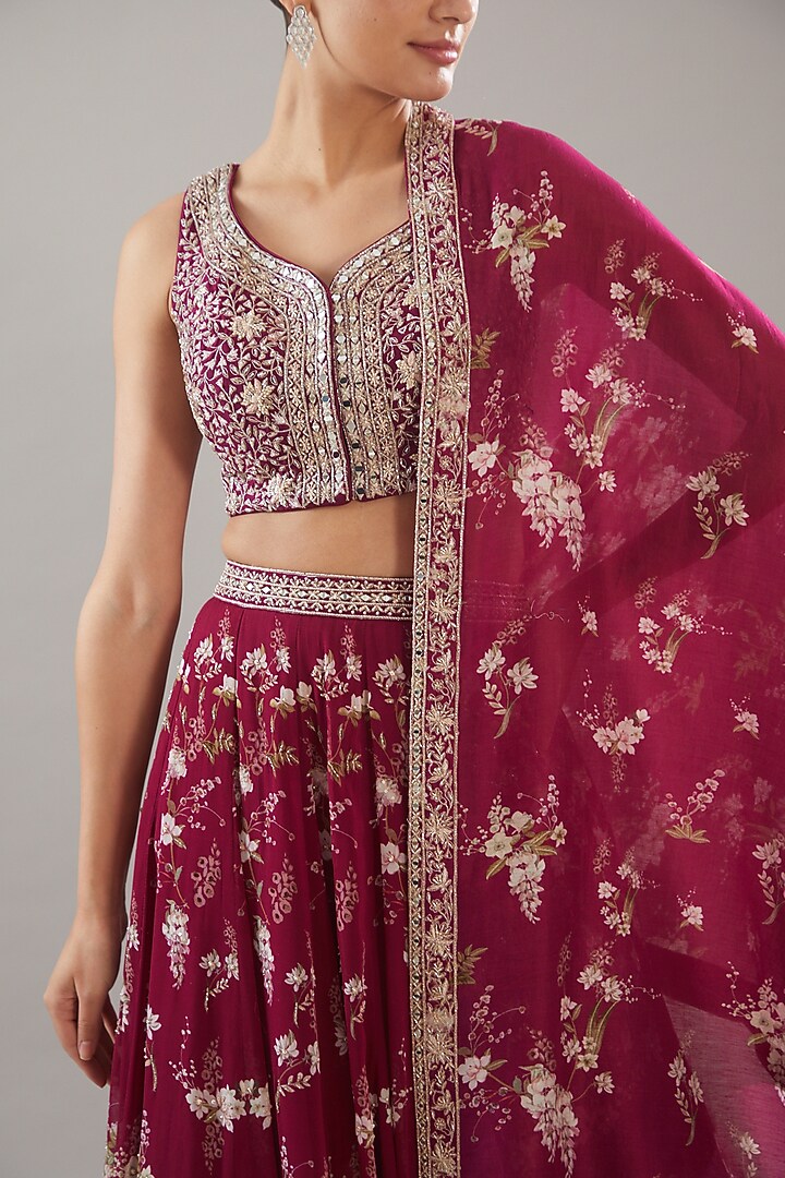 Fuschia Chanderi Silk Printed Wedding Lehenga Set by Sana Barreja at Pernia's Pop Up Shop