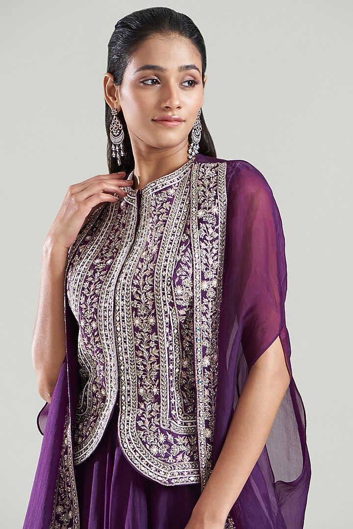 Purple Organza & Georgette Hand Embroidered Jacket Wedding Lehenga Set by Sana Barreja at Pernia's Pop Up Shop