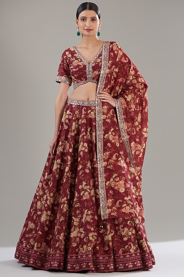 Marsala Red Chanderi Silk Printed Lehenga Set by Sana Barreja