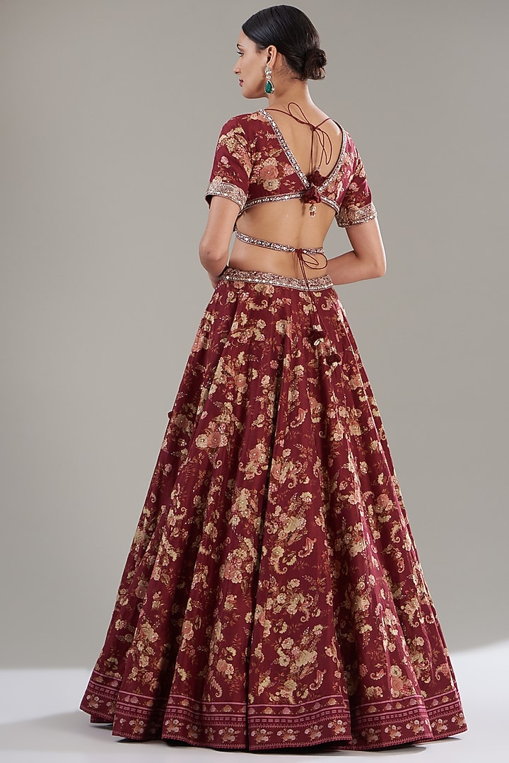 Marsala Red Chanderi Silk Printed Wedding Lehenga Set by Sana Barreja at Pernia's Pop Up Shop