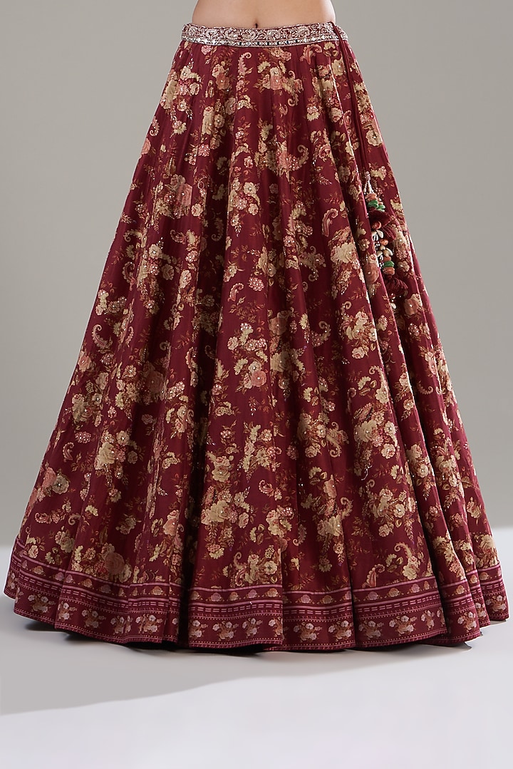 Marsala Red Chanderi Silk Printed Wedding Lehenga Set by Sana Barreja at Pernia's Pop Up Shop