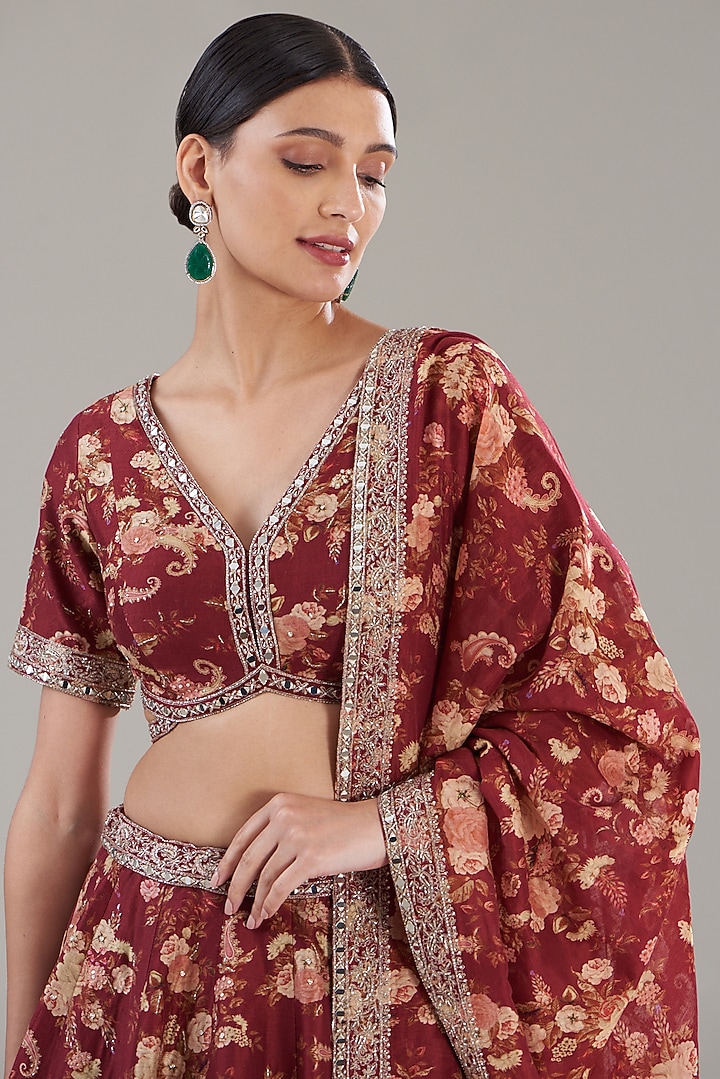 Marsala Red Chanderi Silk Printed Wedding Lehenga Set by Sana Barreja at Pernia's Pop Up Shop