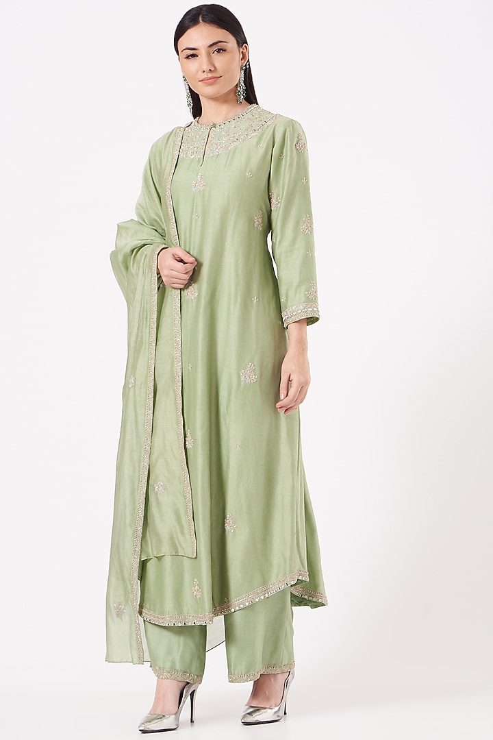 Mint Green Embroidered Kurta Set by Sana Barreja at Pernia's Pop Up Shop