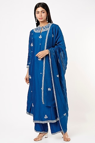 Royal Blue Embroidered Kurta Set by Sana Barreja