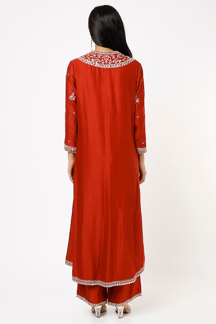 Cadmium Red Embroidered Kurta Set by Sana Barreja at Pernia's Pop Up Shop