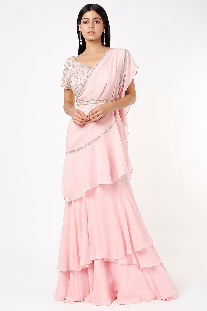 Blush Pink Georgette Zardosi Embroidered Ruffle Pre-Draped Saree Set by Sana Barreja at Pernia's Pop Up Shop