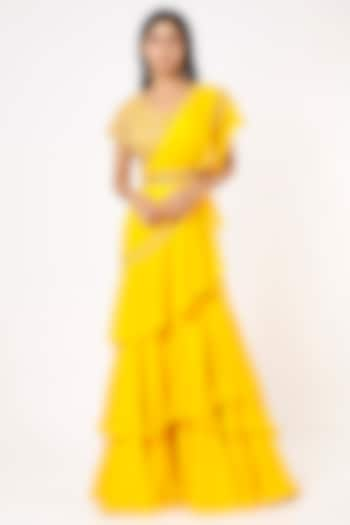 Bright Yellow Georgette Embroidered Ruffle Pre-Draped Saree Set by Sana Barreja at Pernia's Pop Up Shop