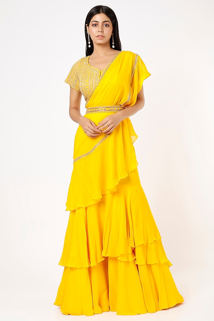 Bright Yellow Georgette Embroidered Ruffle Pre-Draped Saree Set by Sana Barreja at Pernia's Pop Up Shop