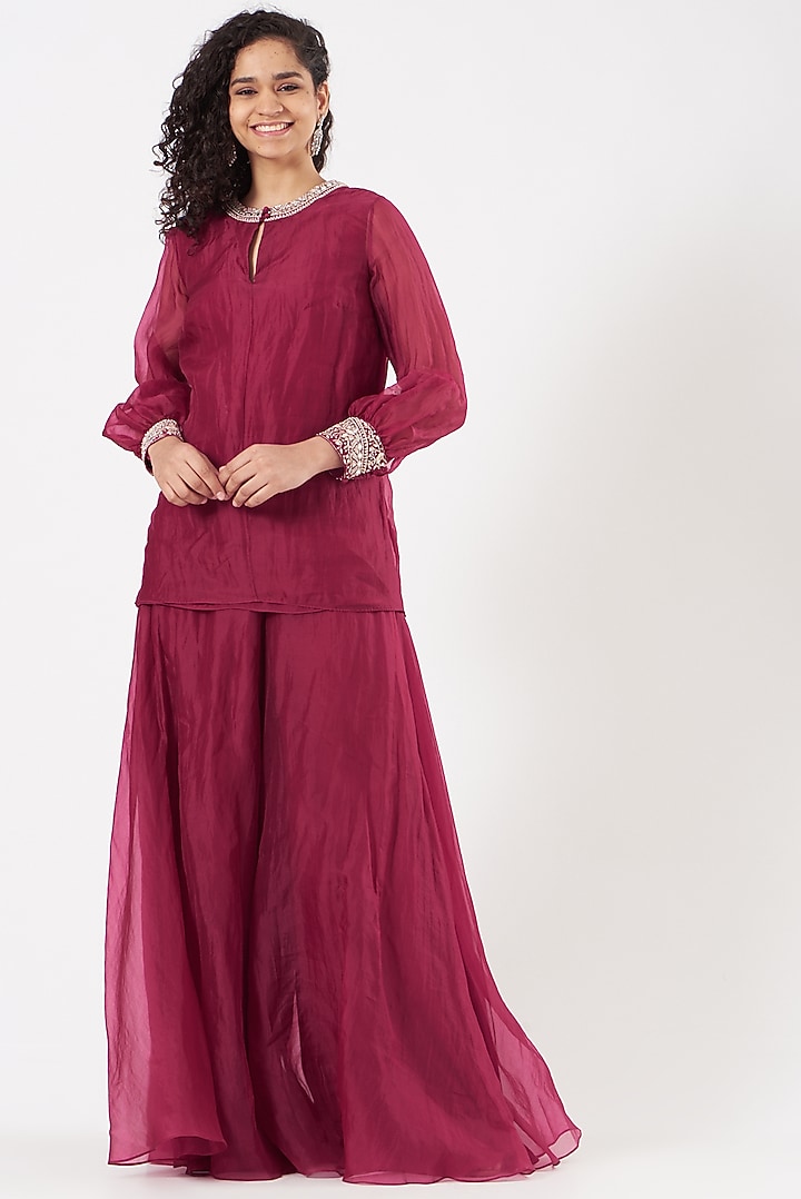 Fuschia Pink Hand Embroidered Wedding Sharara Set by Sana Barreja at Pernia's Pop Up Shop